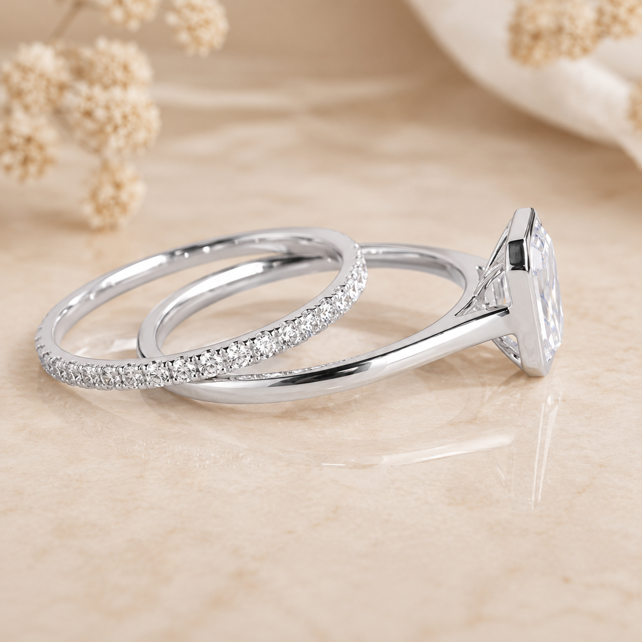 2.00 CT Emerald Cut Lab-Grown Diamond 2PCS Bezel Bridal Set in 14K White Gold – Minimalist Wedding Ring Design
