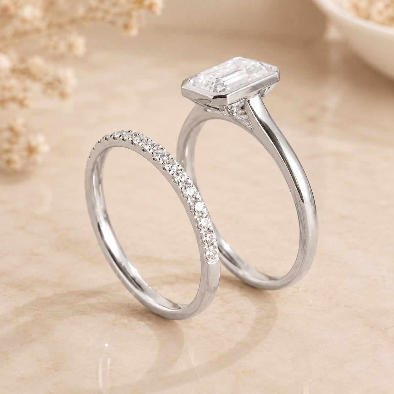 2.00 CT Emerald Cut Lab-Grown Diamond 2PCS Bezel Bridal Set in 14K White Gold – Minimalist Wedding Ring Design