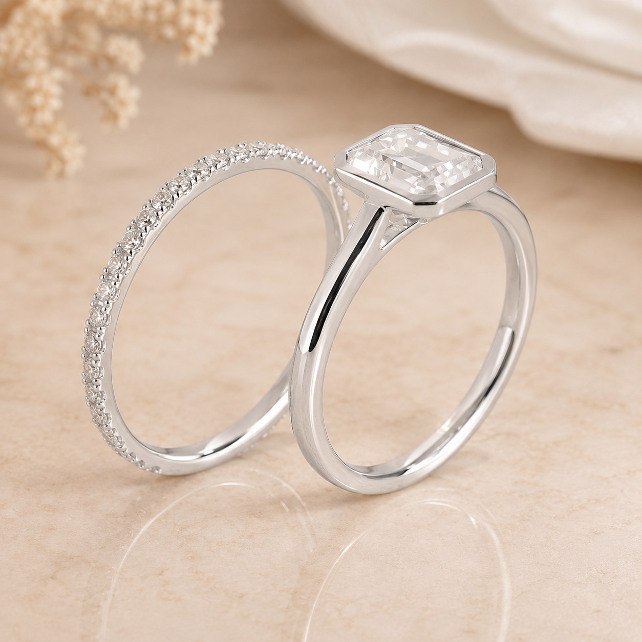 2.00 CT Emerald Cut Lab-Grown Diamond 2PCS Bezel Bridal Set in 14K White Gold – Minimalist Wedding Ring Design