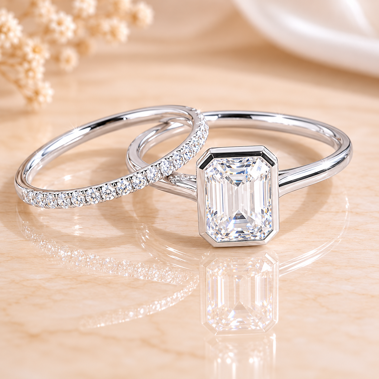 2.00 CT Emerald Cut Lab-Grown Diamond 2PCS Bezel Bridal Set in 14K White Gold – Minimalist Wedding Ring Design