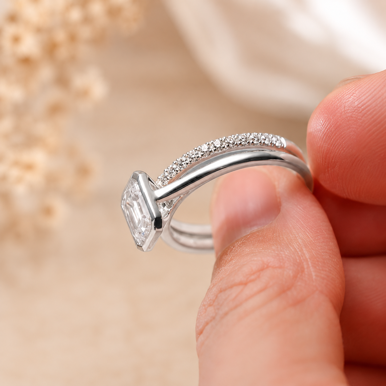 2.00 CT Emerald Cut Lab-Grown Diamond 2PCS Bezel Bridal Set in 14K White Gold – Minimalist Wedding Ring Design