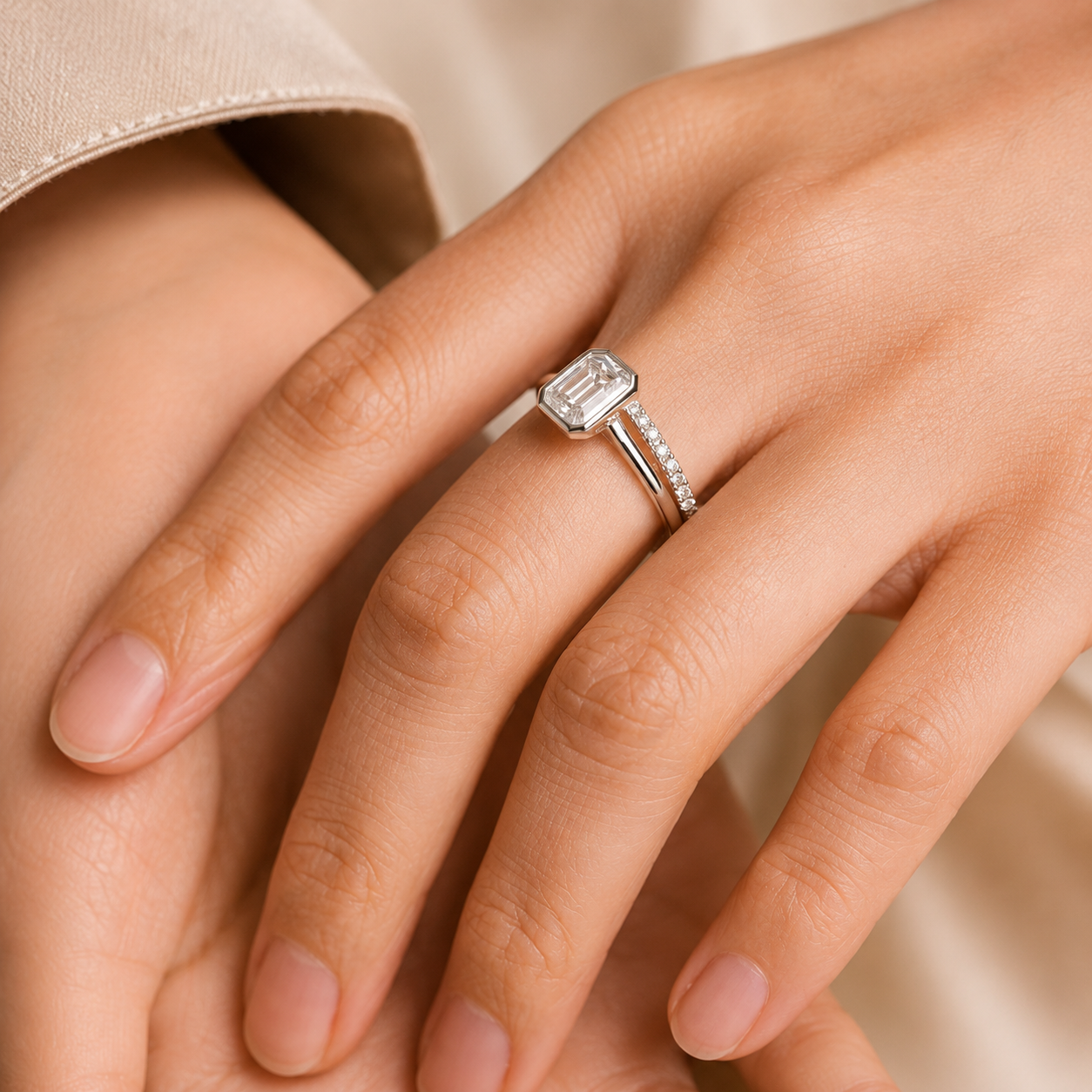 2.00 CT Emerald Cut Lab-Grown Diamond 2PCS Bezel Bridal Set in 14K White Gold – Minimalist Wedding Ring Design