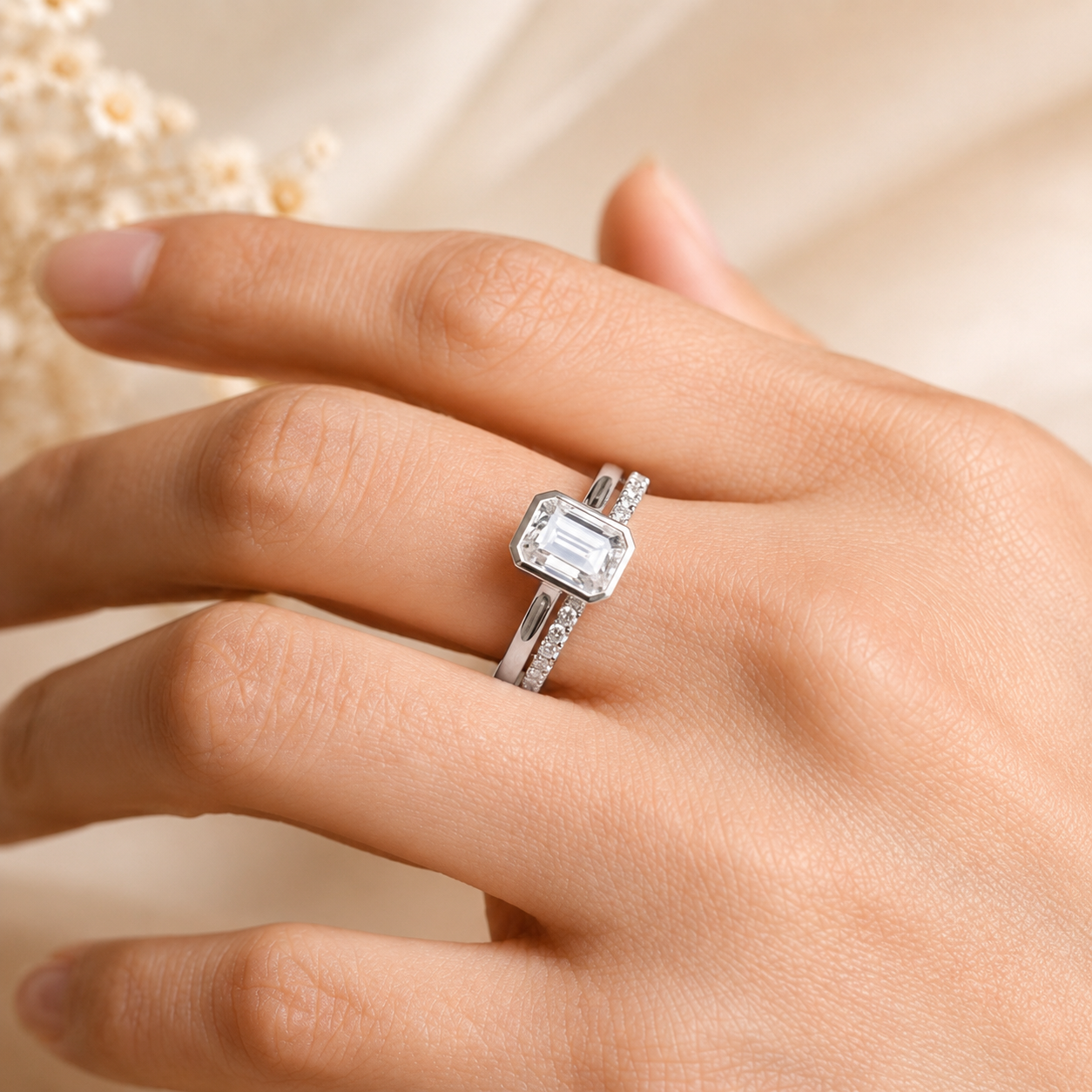 2.00 CT Emerald Cut Lab-Grown Diamond 2PCS Bezel Bridal Set in 14K White Gold – Minimalist Wedding Ring Design