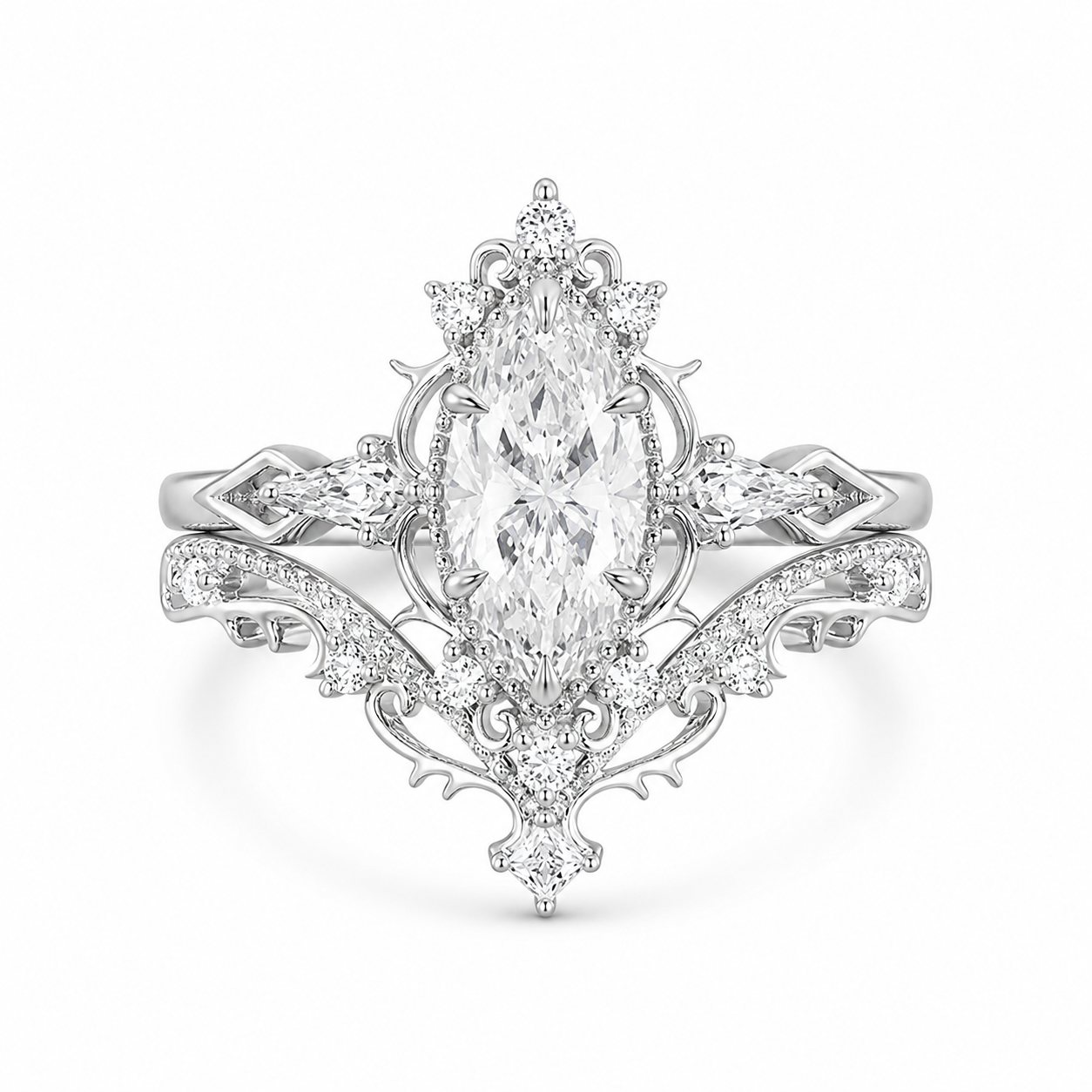 3.00 CT Vintage Marquise Lab-Grown Diamond 2PCS Bridal Set in 14K White Gold – Filigree Vine Wedding Ring Design
