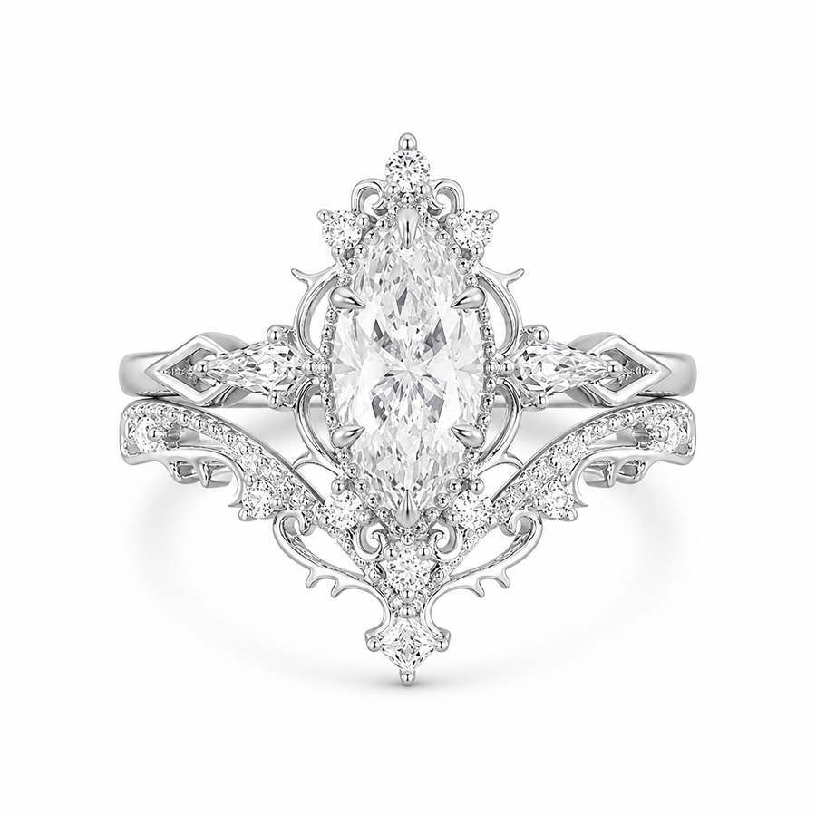 3.00 CT Vintage Marquise Lab-Grown Diamond 2PCS Bridal Set in 14K White Gold – Filigree Vine Wedding Ring Design