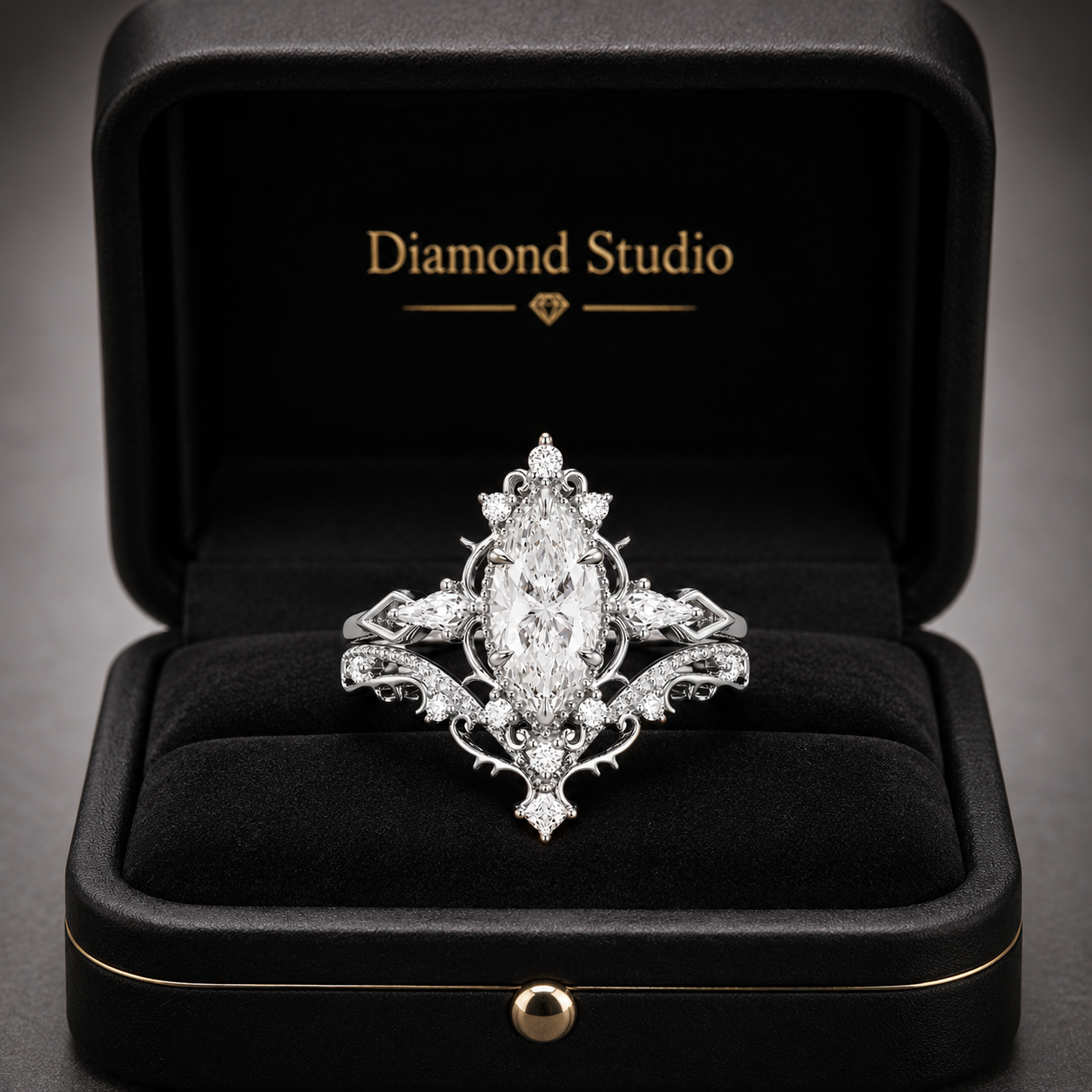 3.00 CT Vintage Marquise Lab-Grown Diamond 2PCS Bridal Set in 14K White Gold – Filigree Vine Wedding Ring Design