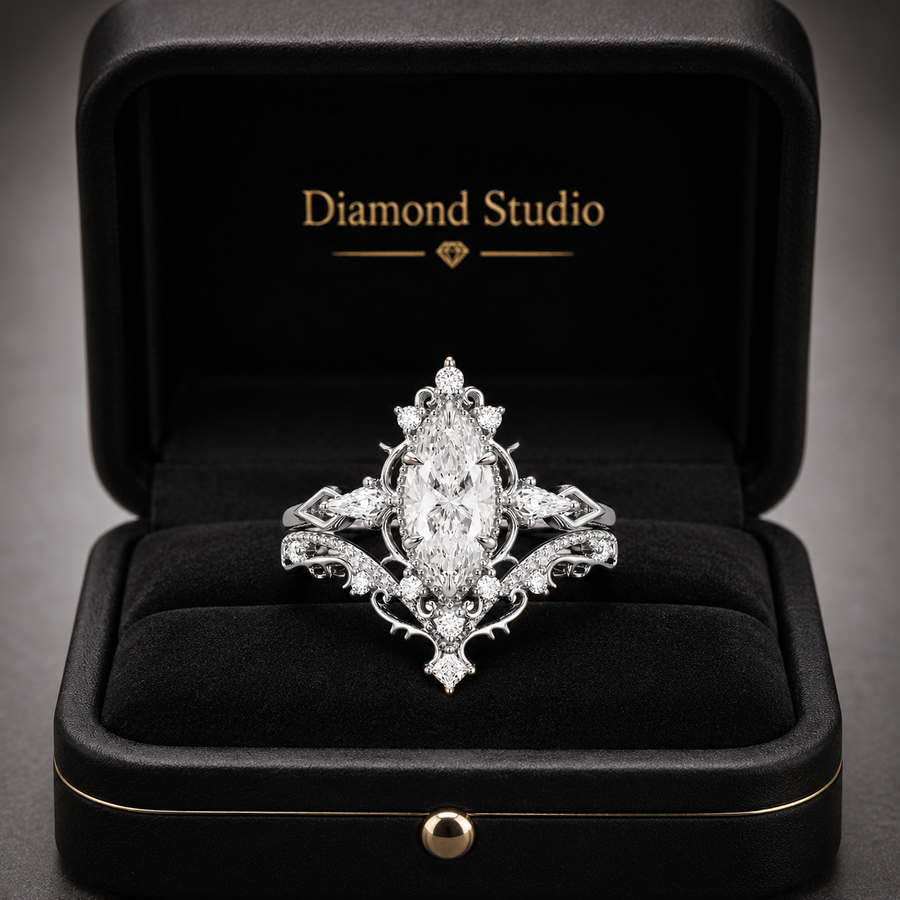 3.00 CT Vintage Marquise Lab-Grown Diamond 2PCS Bridal Set in 14K White Gold – Filigree Vine Wedding Ring Design