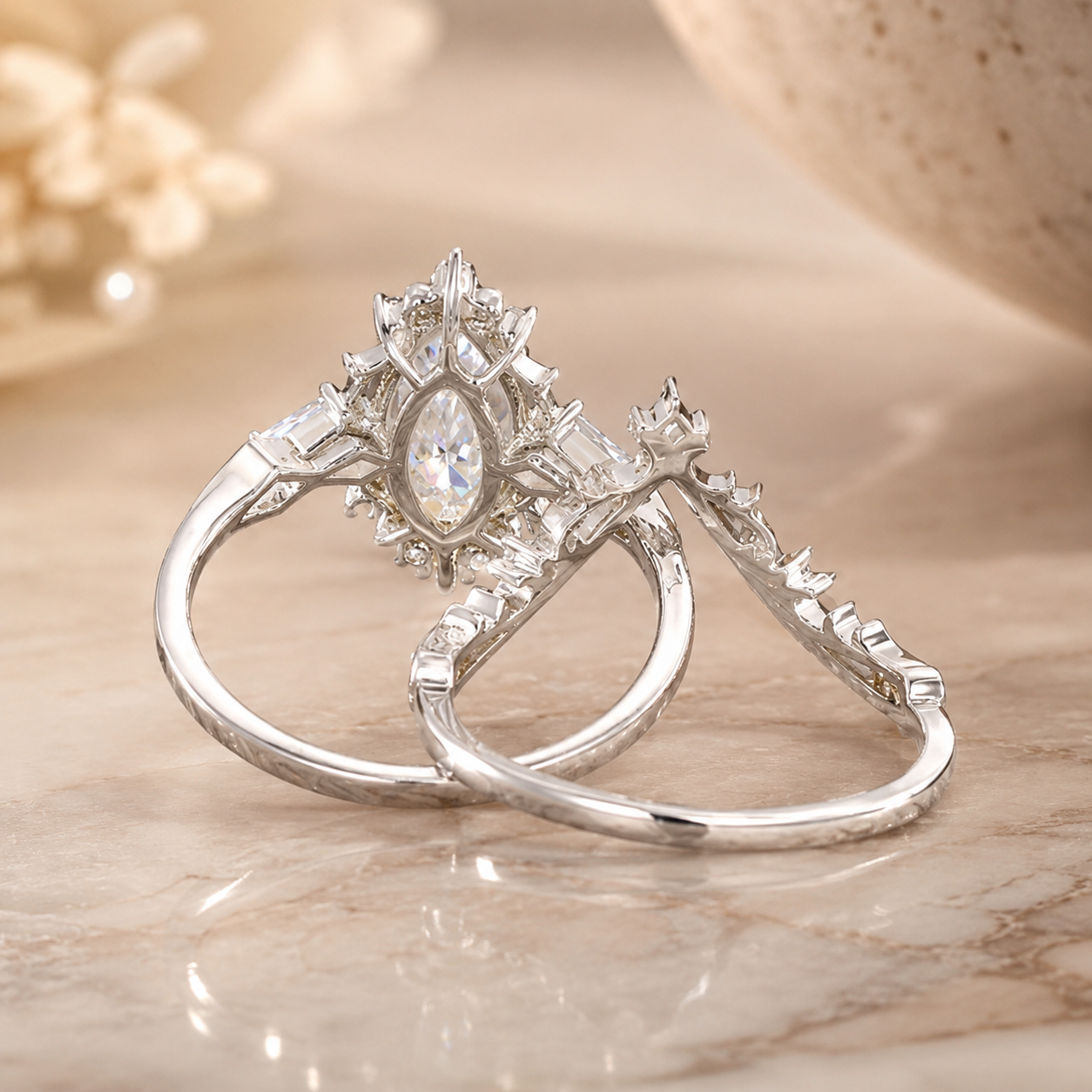 3.00 CT Vintage Marquise Lab-Grown Diamond 2PCS Bridal Set in 14K White Gold – Filigree Vine Wedding Ring Design