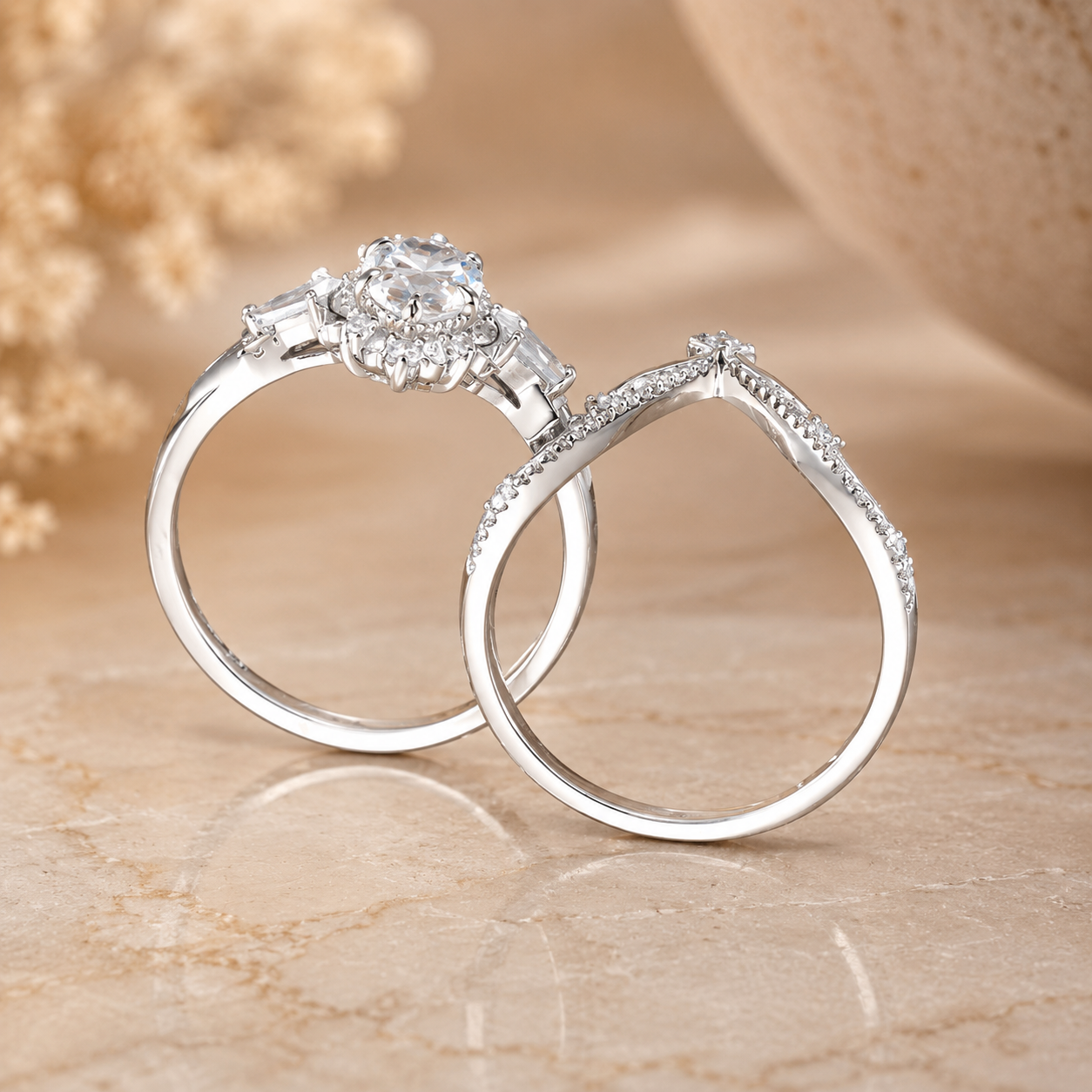 3.00 CT Vintage Marquise Lab-Grown Diamond 2PCS Bridal Set in 14K White Gold – Filigree Vine Wedding Ring Design