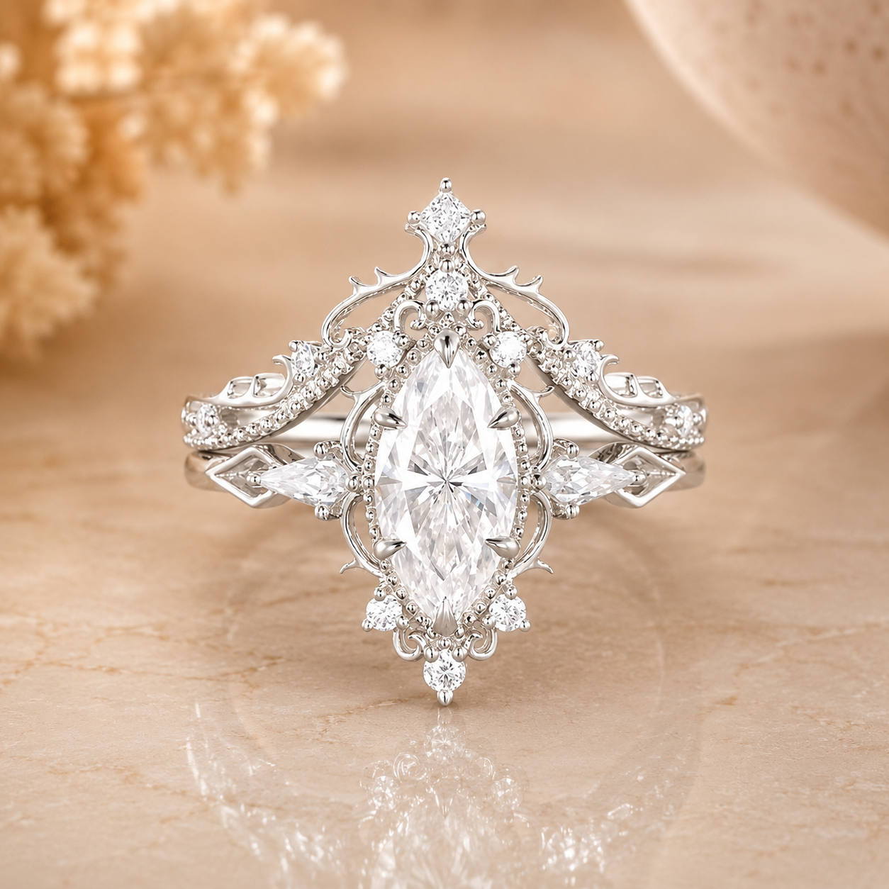 3.00 CT Vintage Marquise Lab-Grown Diamond 2PCS Bridal Set in 14K White Gold – Filigree Vine Wedding Ring Design