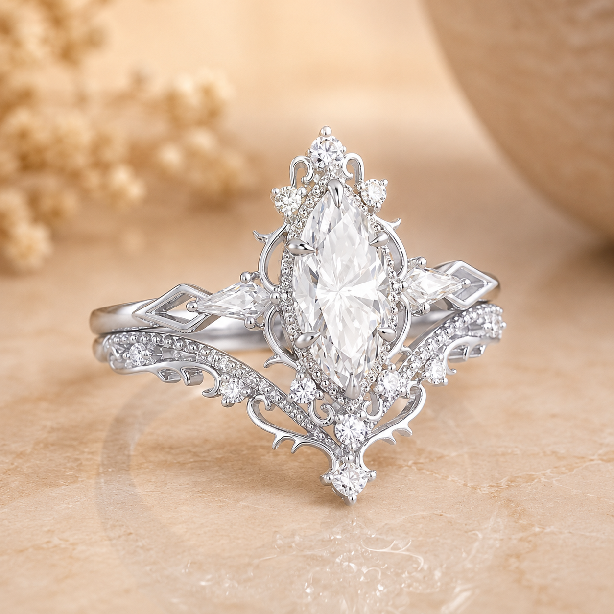 3.00 CT Vintage Marquise Lab-Grown Diamond 2PCS Bridal Set in 14K White Gold – Filigree Vine Wedding Ring Design