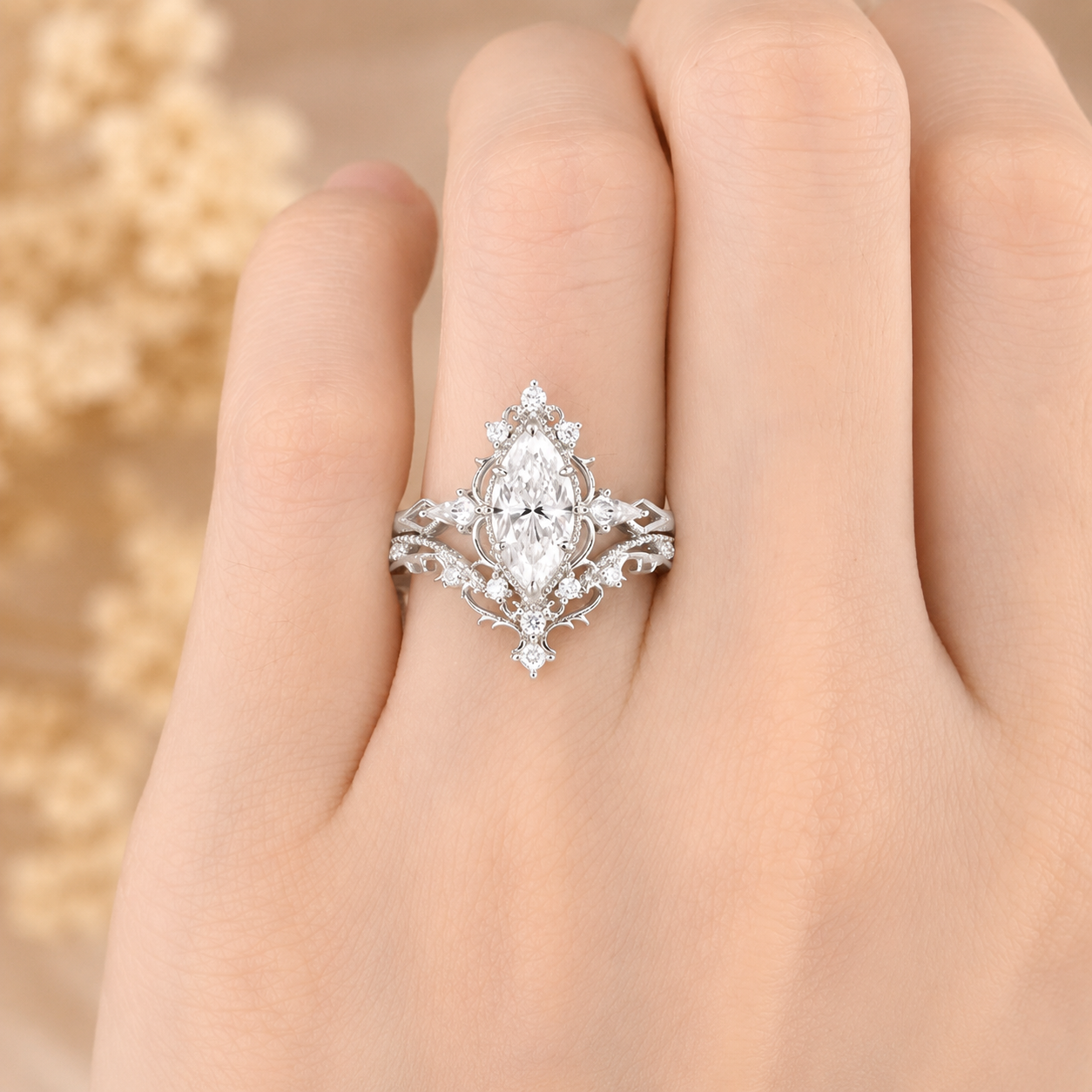 3.00 CT Vintage Marquise Lab-Grown Diamond 2PCS Bridal Set in 14K White Gold – Filigree Vine Wedding Ring Design