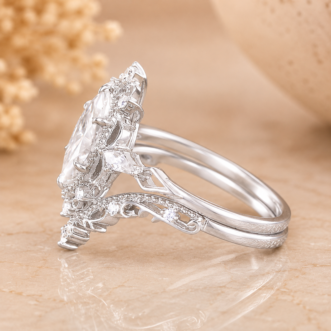 3.00 CT Vintage Marquise Lab-Grown Diamond 2PCS Bridal Set in 14K White Gold – Filigree Vine Wedding Ring Design