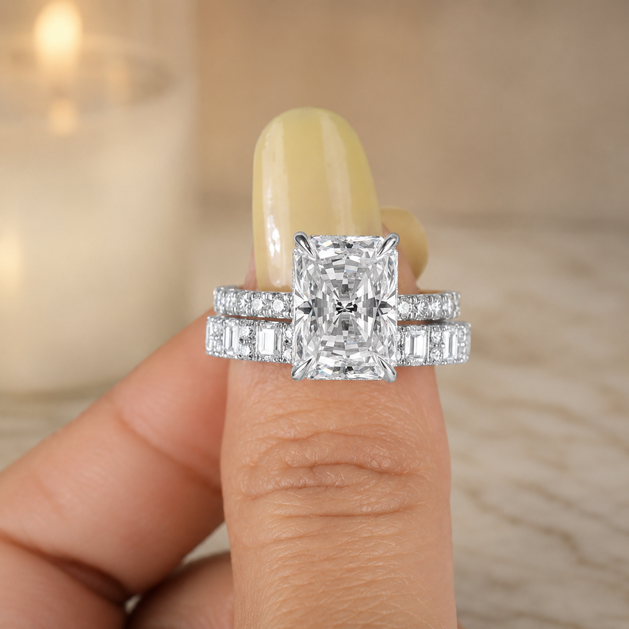 3.00 CT Radiant Cut Lab-Grown Diamond 2PCS Bridal Set in 14K White Gold – Modern Stackable Wedding Ring Design