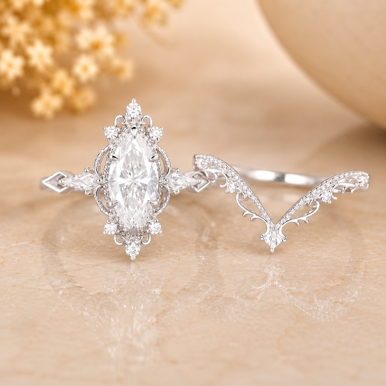 3.00 CT Vintage Marquise Lab-Grown Diamond 2PCS Bridal Set in 14K White Gold – Filigree Vine Wedding Ring Design