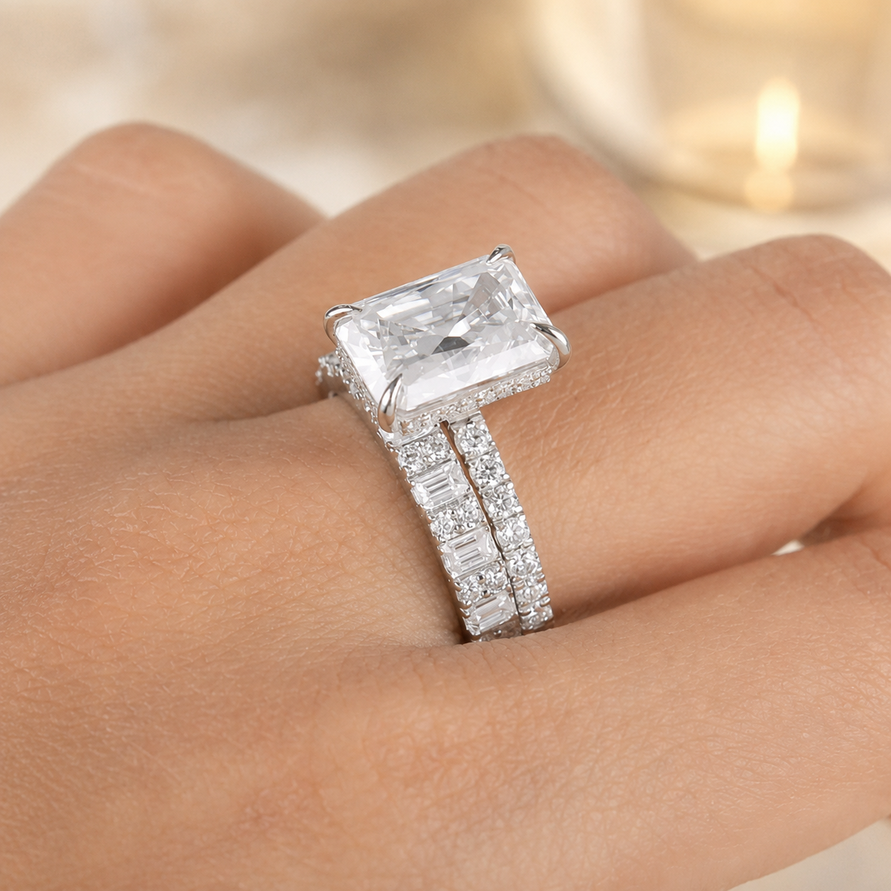 3.00 CT Radiant Cut Lab-Grown Diamond 2PCS Bridal Set in 14K White Gold – Modern Stackable Wedding Ring Design