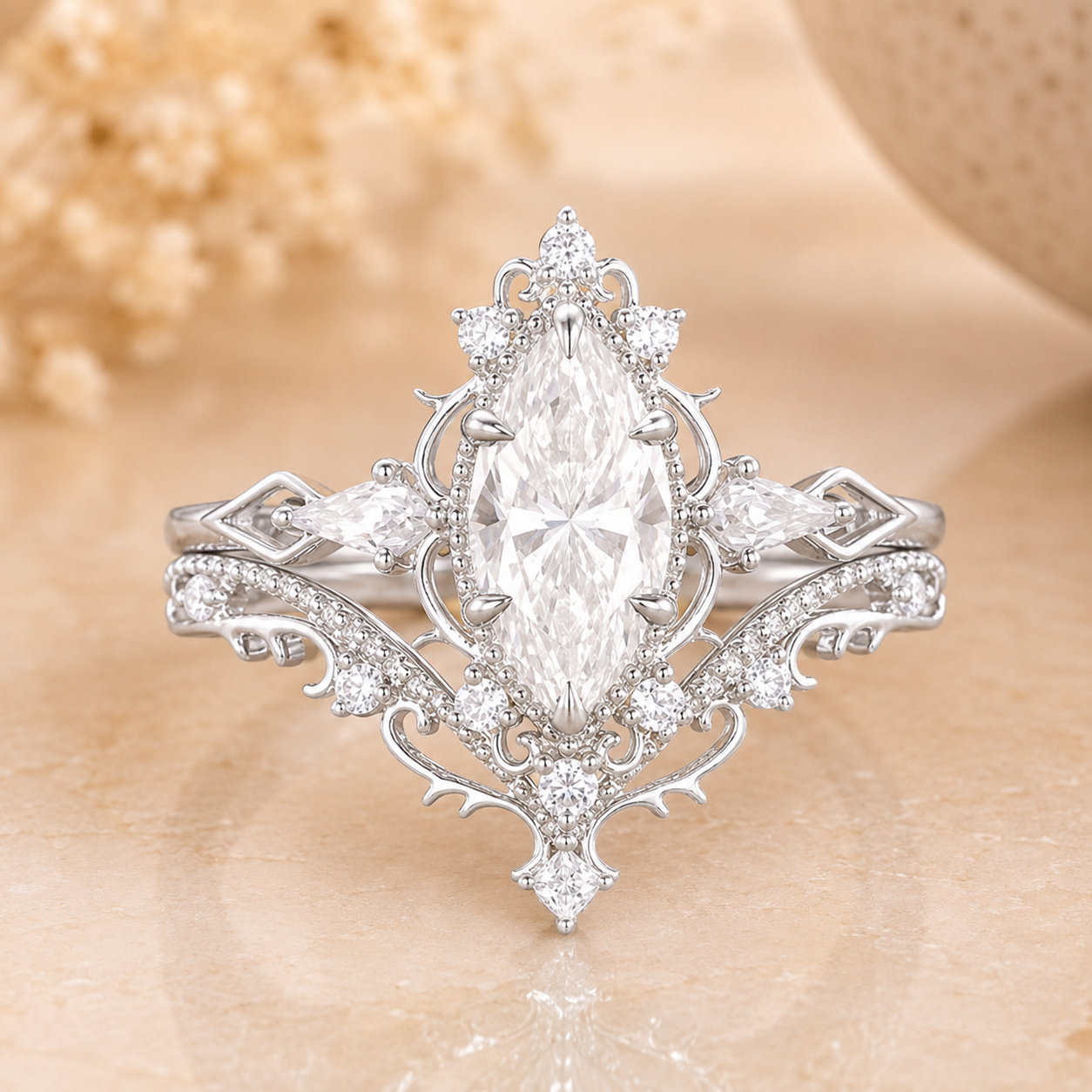 3.00 CT Vintage Marquise Lab-Grown Diamond 2PCS Bridal Set in 14K White Gold – Filigree Vine Wedding Ring Design
