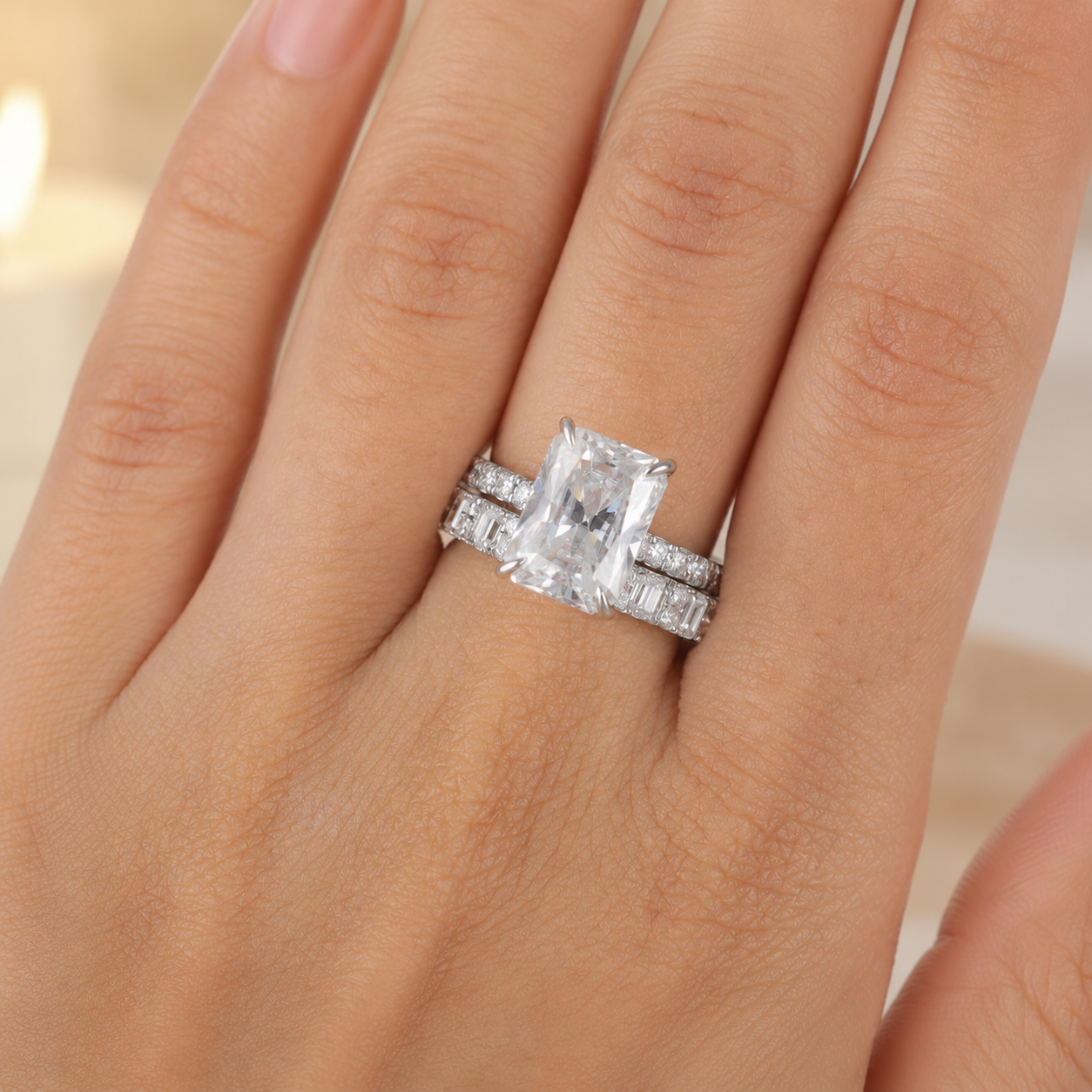 3.00 CT Radiant Cut Lab-Grown Diamond 2PCS Bridal Set in 14K White Gold – Modern Stackable Wedding Ring Design
