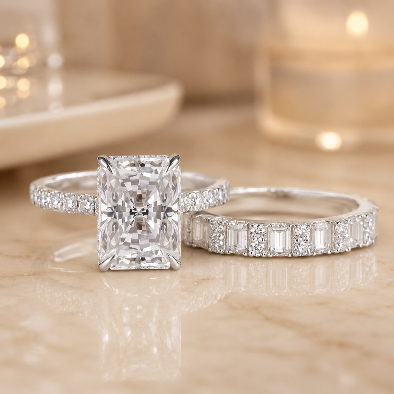 3.00 CT Radiant Cut Lab-Grown Diamond 2PCS Bridal Set in 14K White Gold – Modern Stackable Wedding Ring Design