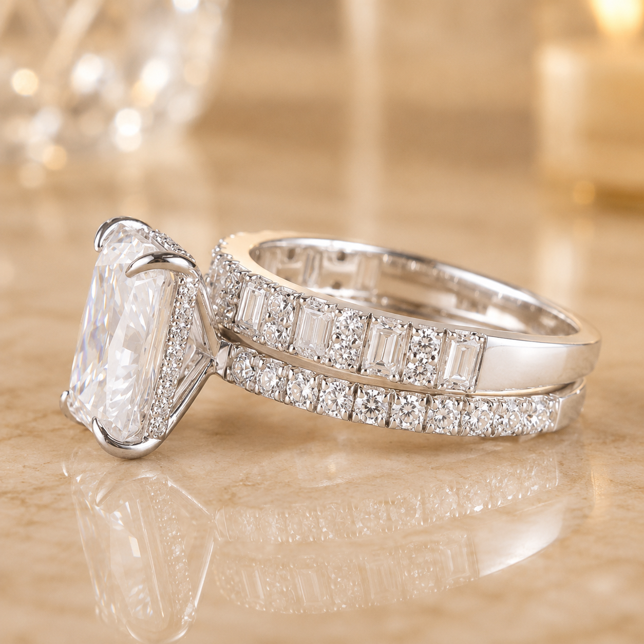 3.00 CT Radiant Cut Lab-Grown Diamond 2PCS Bridal Set in 14K White Gold – Modern Stackable Wedding Ring Design
