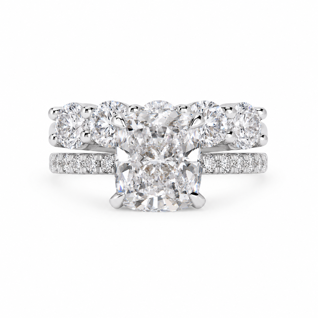 2.00 CT Elongated Cushion Cut Lab-Grown Diamond 2PCS Hidden Halo Bridal Set in 14K White Gold – Matching Wedding Ring Design