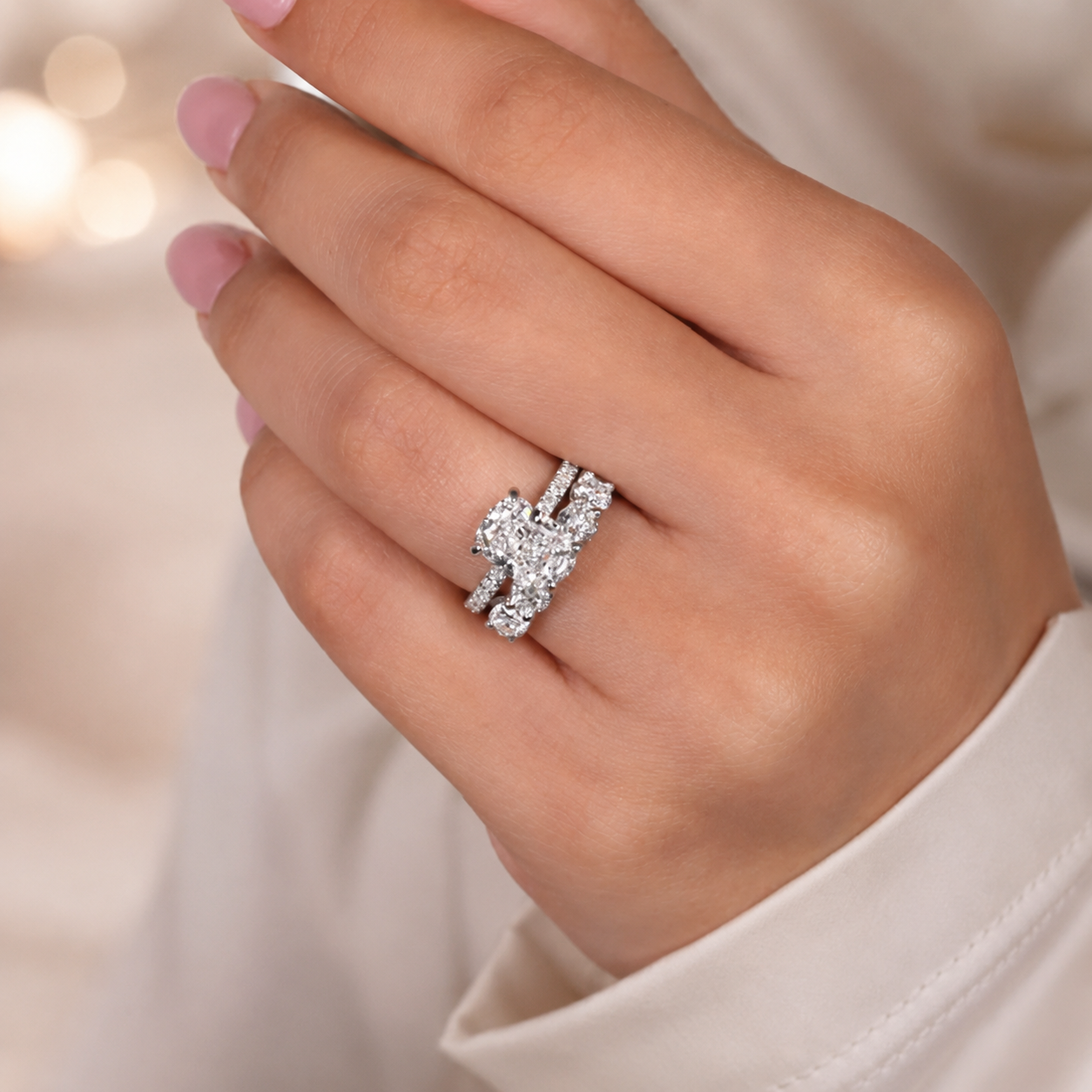 2.00 CT Elongated Cushion Cut Lab-Grown Diamond 2PCS Hidden Halo Bridal Set in 14K White Gold – Matching Wedding Ring Design