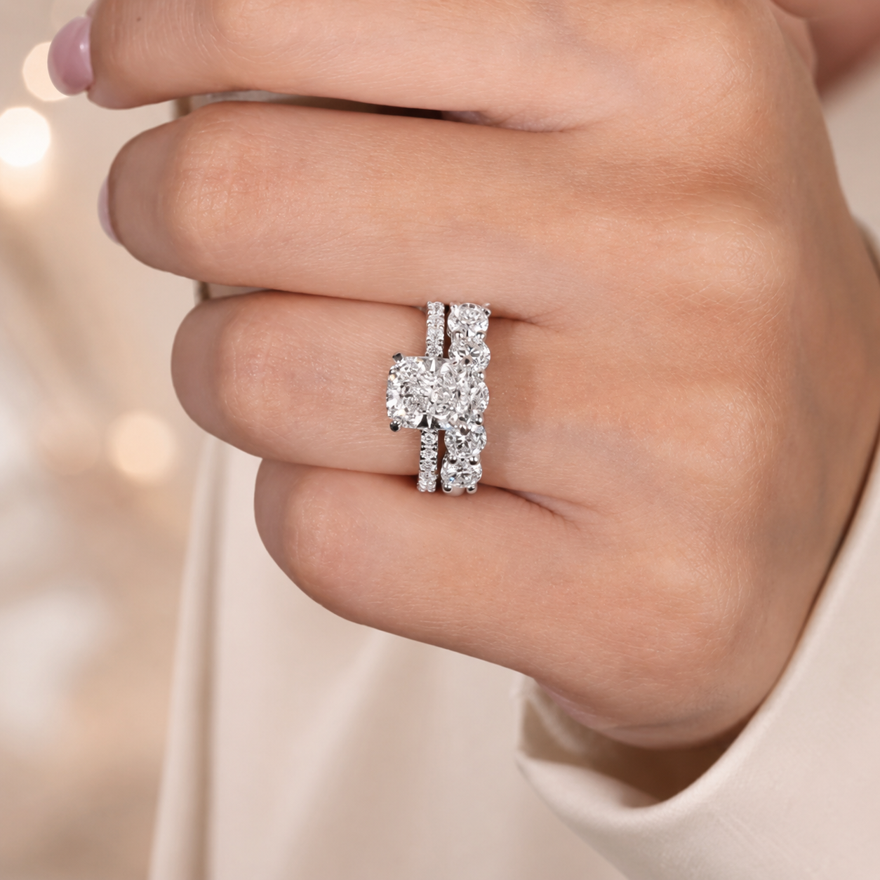 2.00 CT Elongated Cushion Cut Lab-Grown Diamond 2PCS Hidden Halo Bridal Set in 14K White Gold – Matching Wedding Ring Design