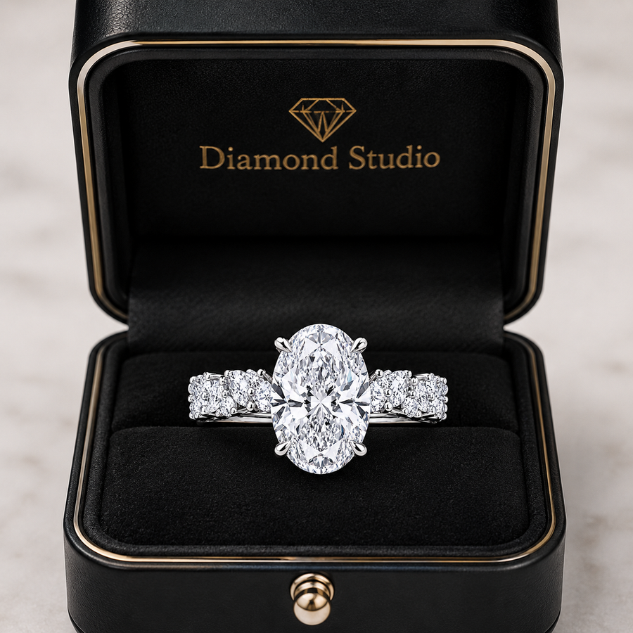 3.00 CT Oval Lab-Grown Diamond Hidden Halo 2PCS Bridal Set in 14K White Gold – Matching Stackable Wedding Band Design