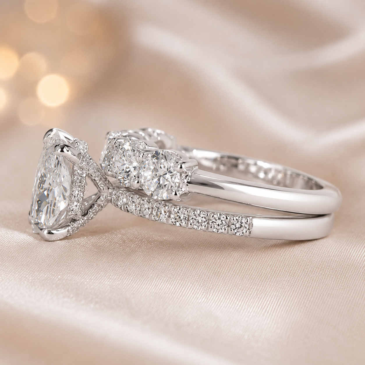 2.00 CT Elongated Cushion Cut Lab-Grown Diamond 2PCS Hidden Halo Bridal Set in 14K White Gold – Matching Wedding Ring Design