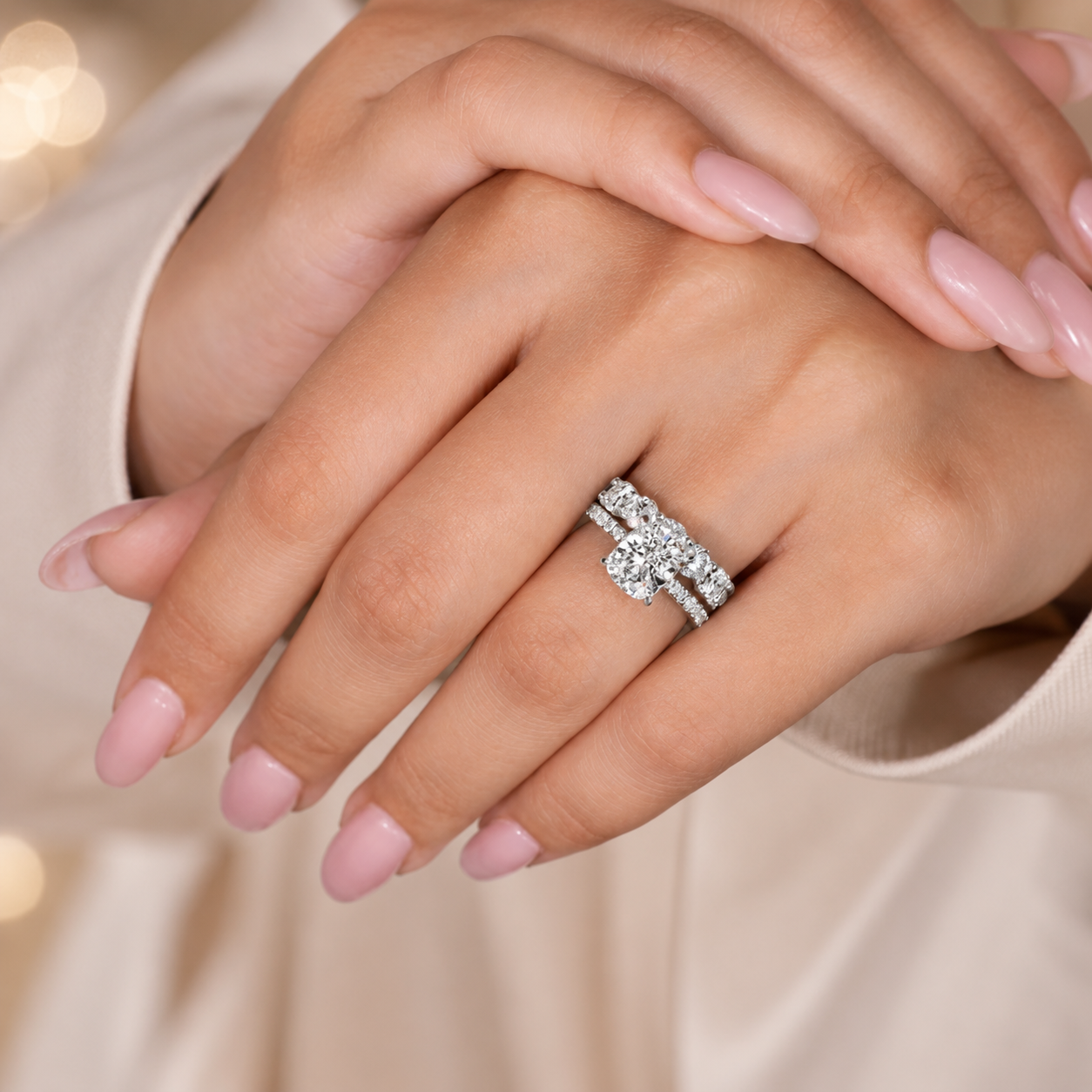 2.00 CT Elongated Cushion Cut Lab-Grown Diamond 2PCS Hidden Halo Bridal Set in 14K White Gold – Matching Wedding Ring Design