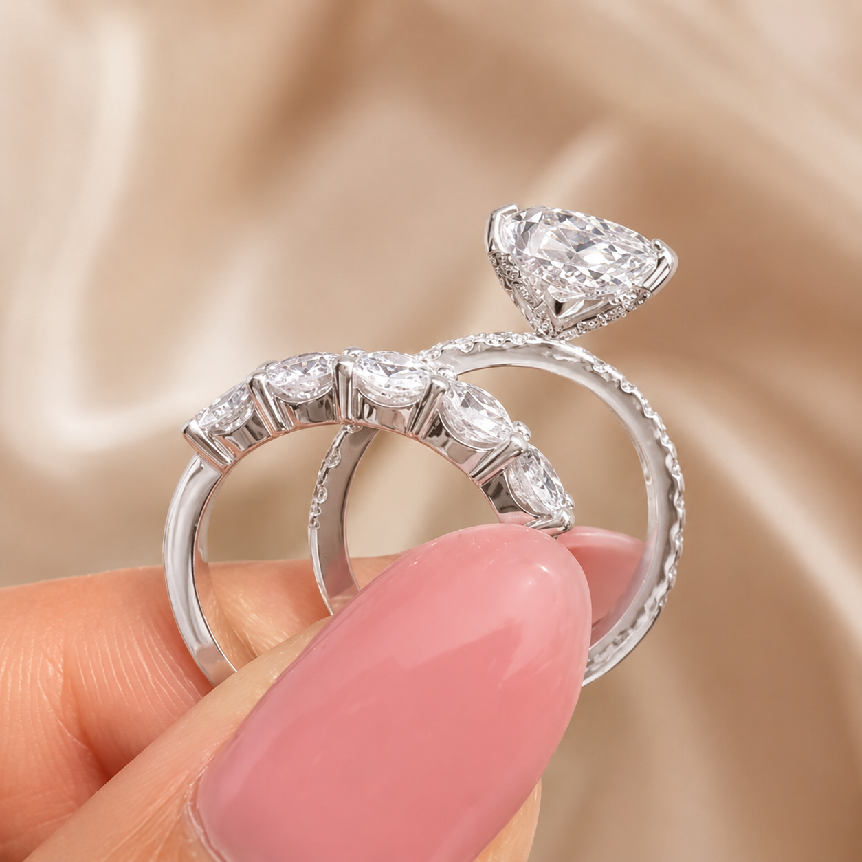 2.00 CT Elongated Cushion Cut Lab-Grown Diamond 2PCS Hidden Halo Bridal Set in 14K White Gold – Matching Wedding Ring Design