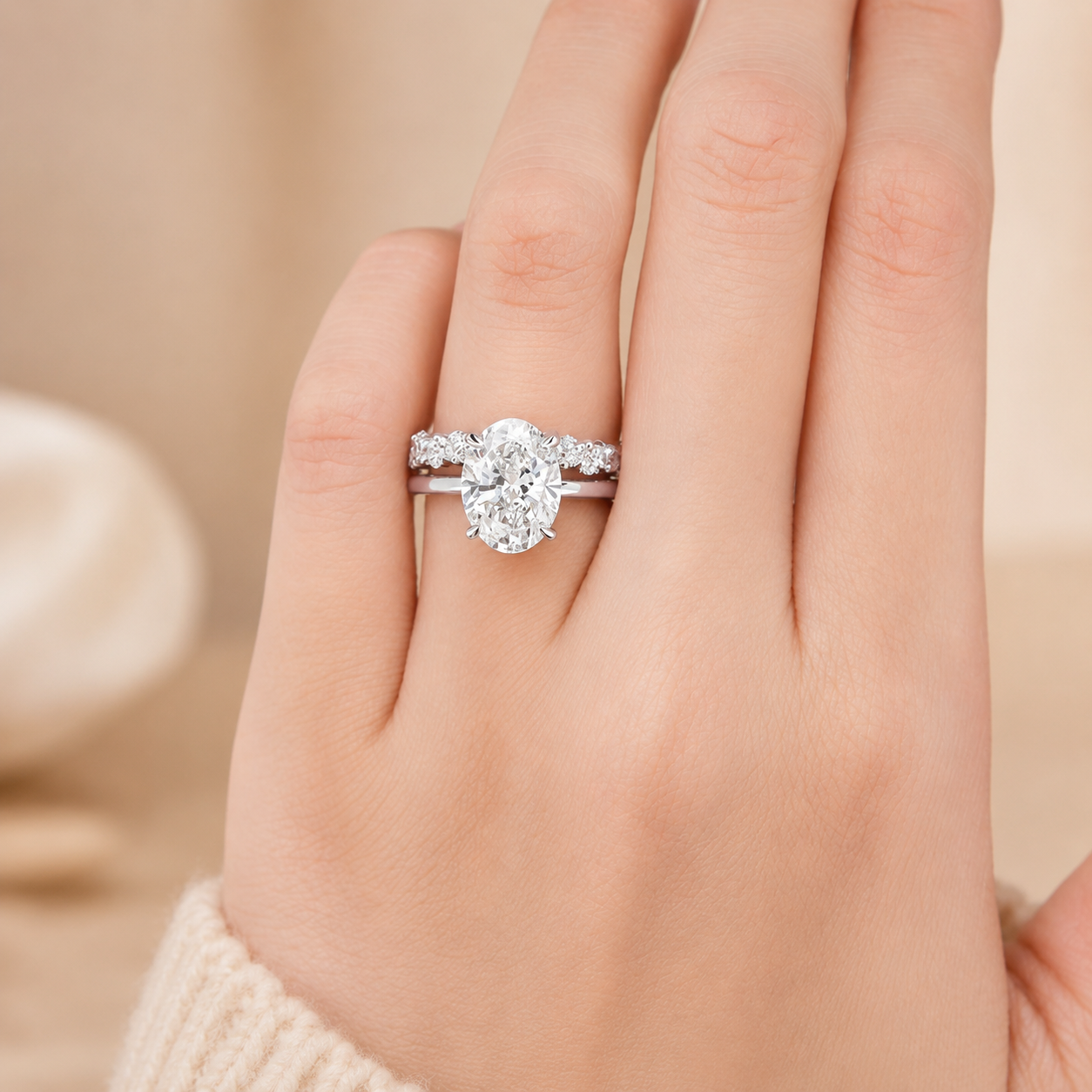 3.00 CT Oval Lab-Grown Diamond Hidden Halo 2PCS Bridal Set in 14K White Gold – Matching Stackable Wedding Band Design