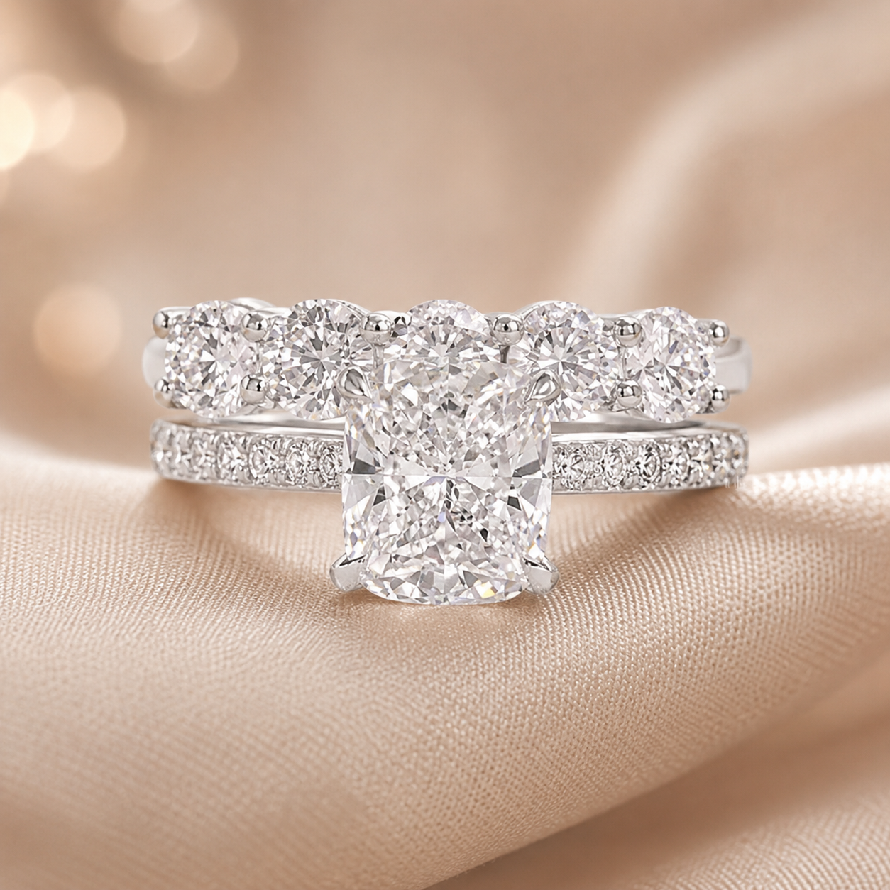 2.00 CT Elongated Cushion Cut Lab-Grown Diamond 2PCS Hidden Halo Bridal Set in 14K White Gold – Matching Wedding Ring Design