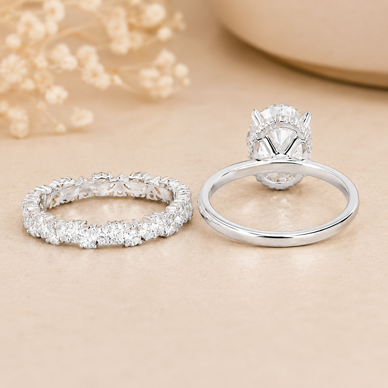 3.00 CT Oval Lab-Grown Diamond Hidden Halo 2PCS Bridal Set in 14K White Gold – Matching Stackable Wedding Band Design