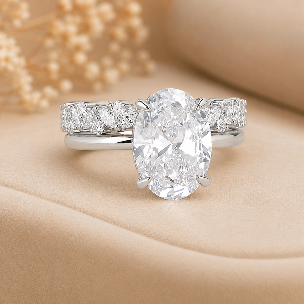 3.00 CT Oval Lab-Grown Diamond Hidden Halo 2PCS Bridal Set in 14K White Gold – Matching Stackable Wedding Band Design