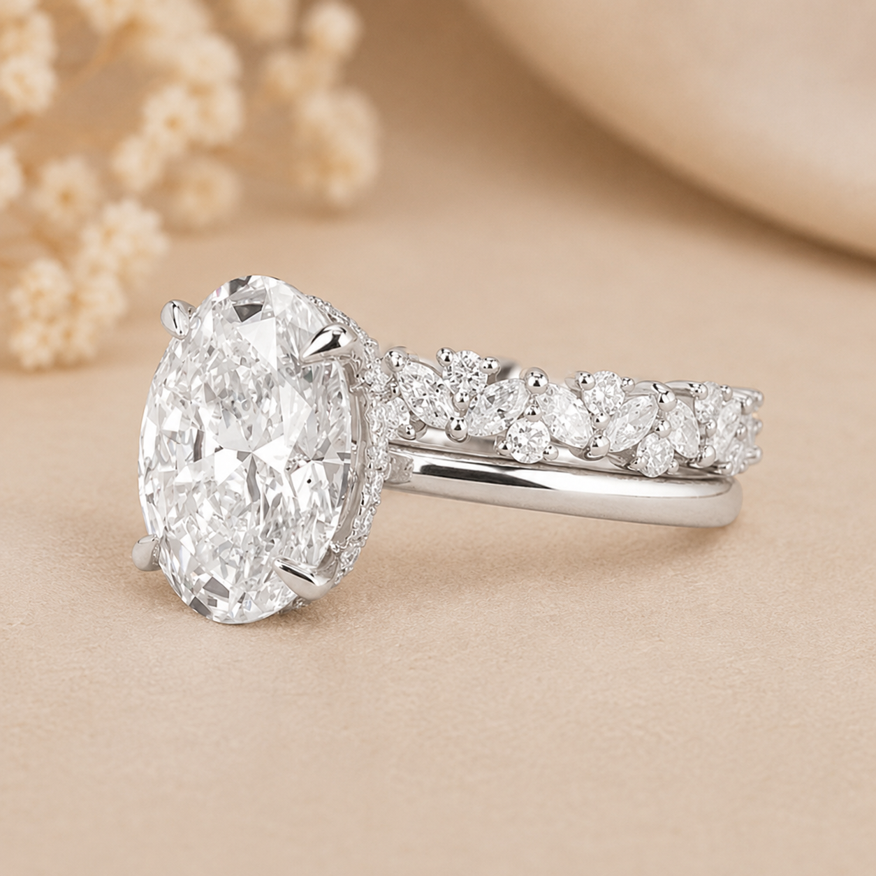 3.00 CT Oval Lab-Grown Diamond Hidden Halo 2PCS Bridal Set in 14K White Gold – Matching Stackable Wedding Band Design