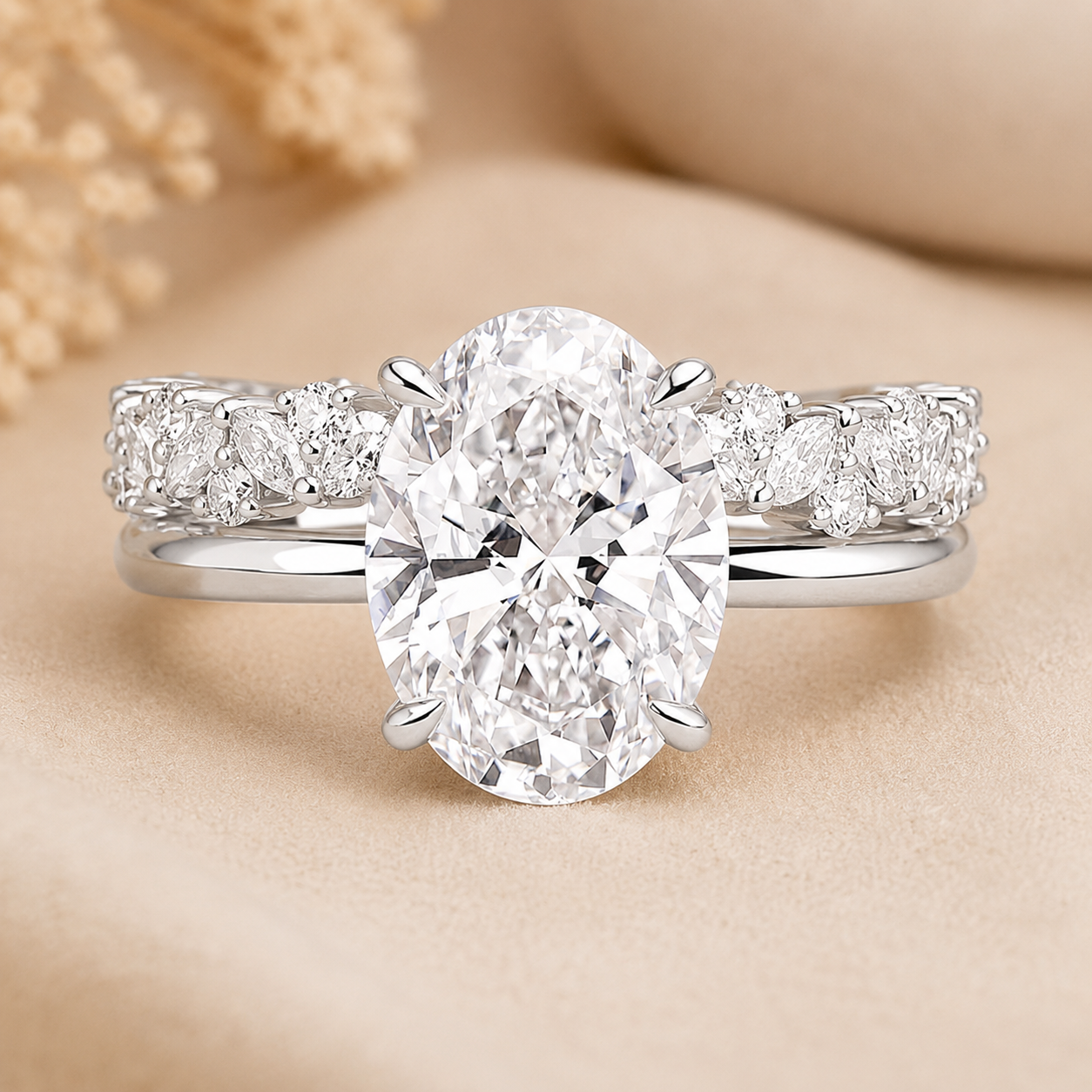 3.00 CT Oval Lab-Grown Diamond Hidden Halo 2PCS Bridal Set in 14K White Gold – Matching Stackable Wedding Band Design