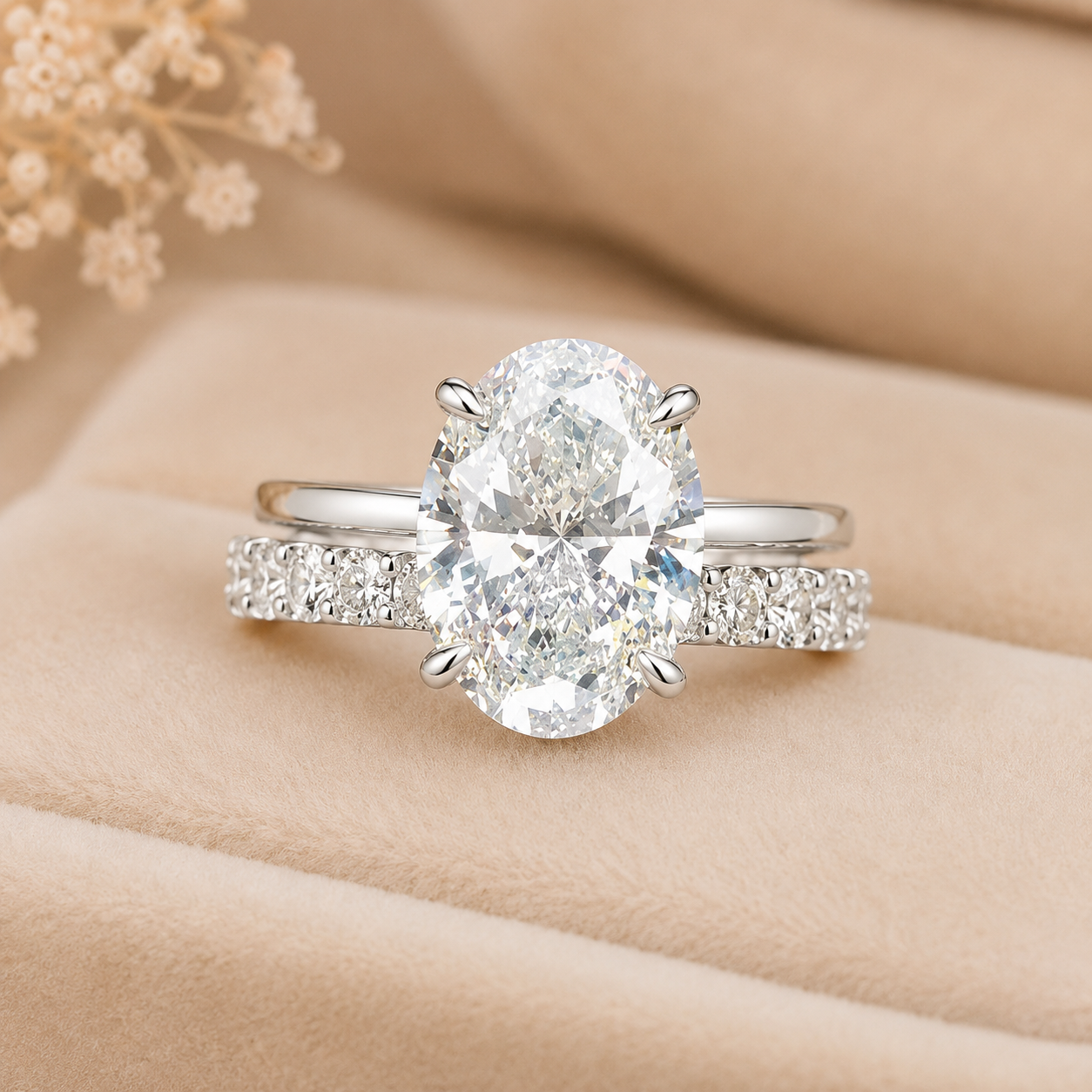 3.00 CT Oval Lab-Grown Diamond Hidden Halo 2PCS Bridal Set in 14K White Gold – Matching Stackable Wedding Band Design