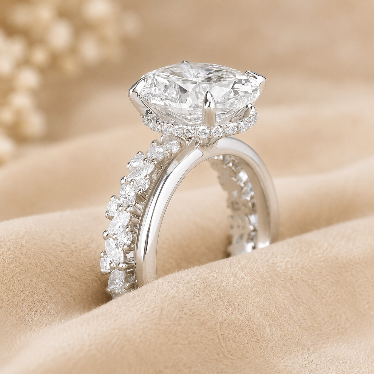 3.00 CT Oval Lab-Grown Diamond Hidden Halo 2PCS Bridal Set in 14K White Gold – Matching Stackable Wedding Band Design
