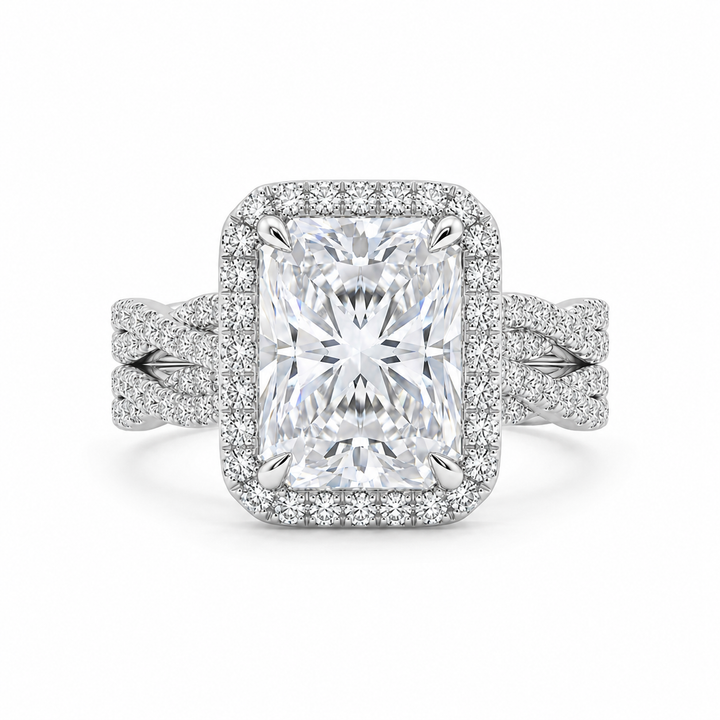 4.00 CT Radiant Cut Lab-Grown Diamond 2PCS Bridal Set in 14K White Gold â€“ Crushed Ice Wedding Ring Design from Diamond Studio