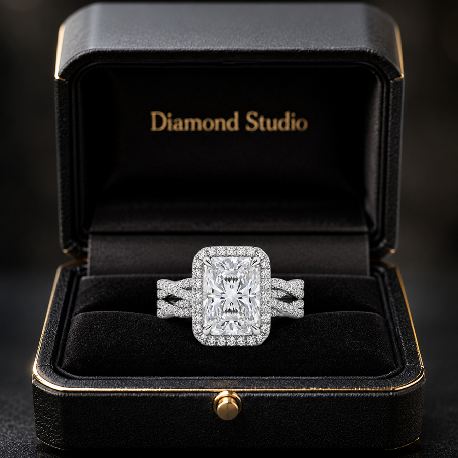 4.00 CT Radiant Cut Lab-Grown Diamond 2PCS Bridal Set in 14K White Gold – Crushed Ice Wedding Ring Design