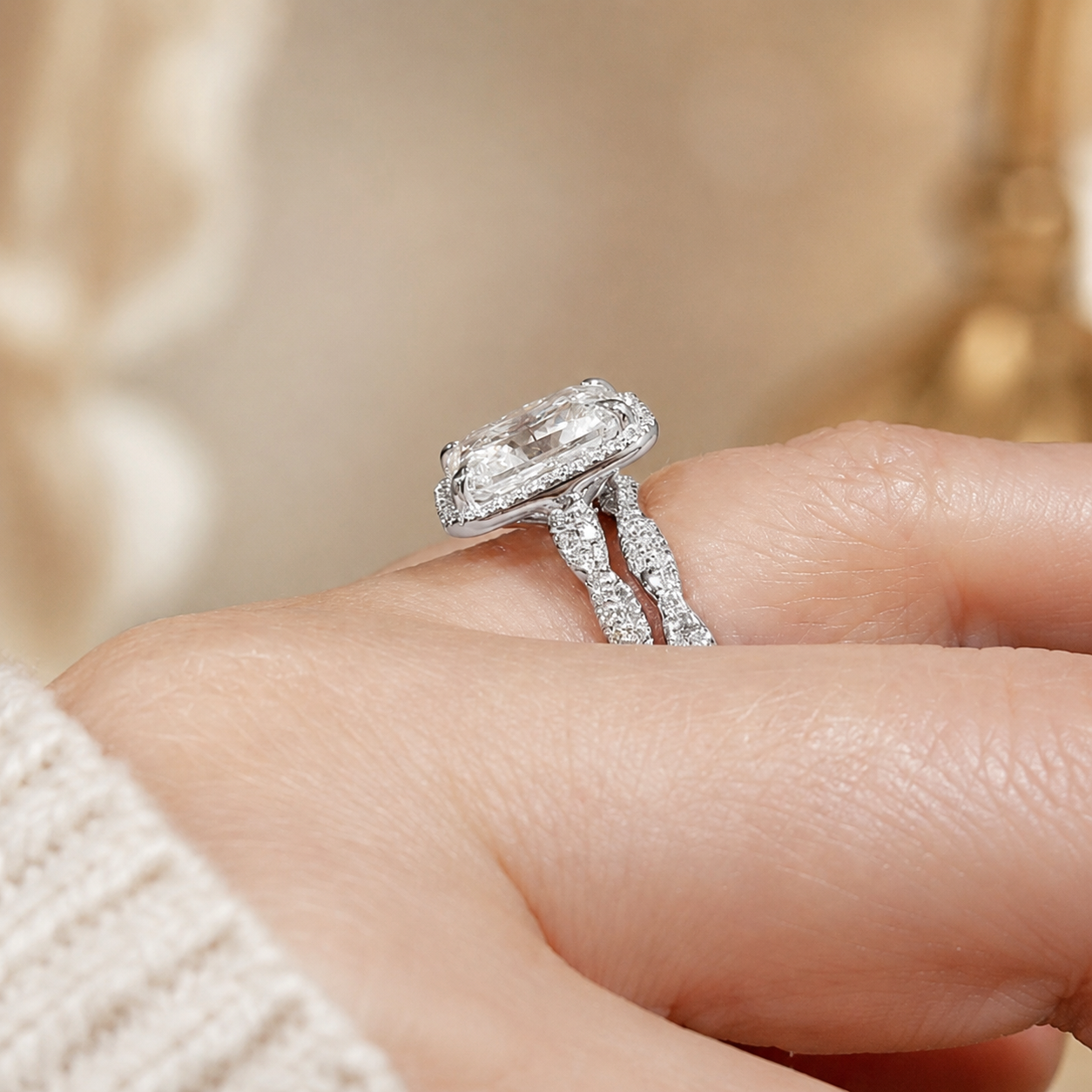4.00 CT Radiant Cut Lab-Grown Diamond 2PCS Bridal Set in 14K White Gold – Crushed Ice Wedding Ring Design