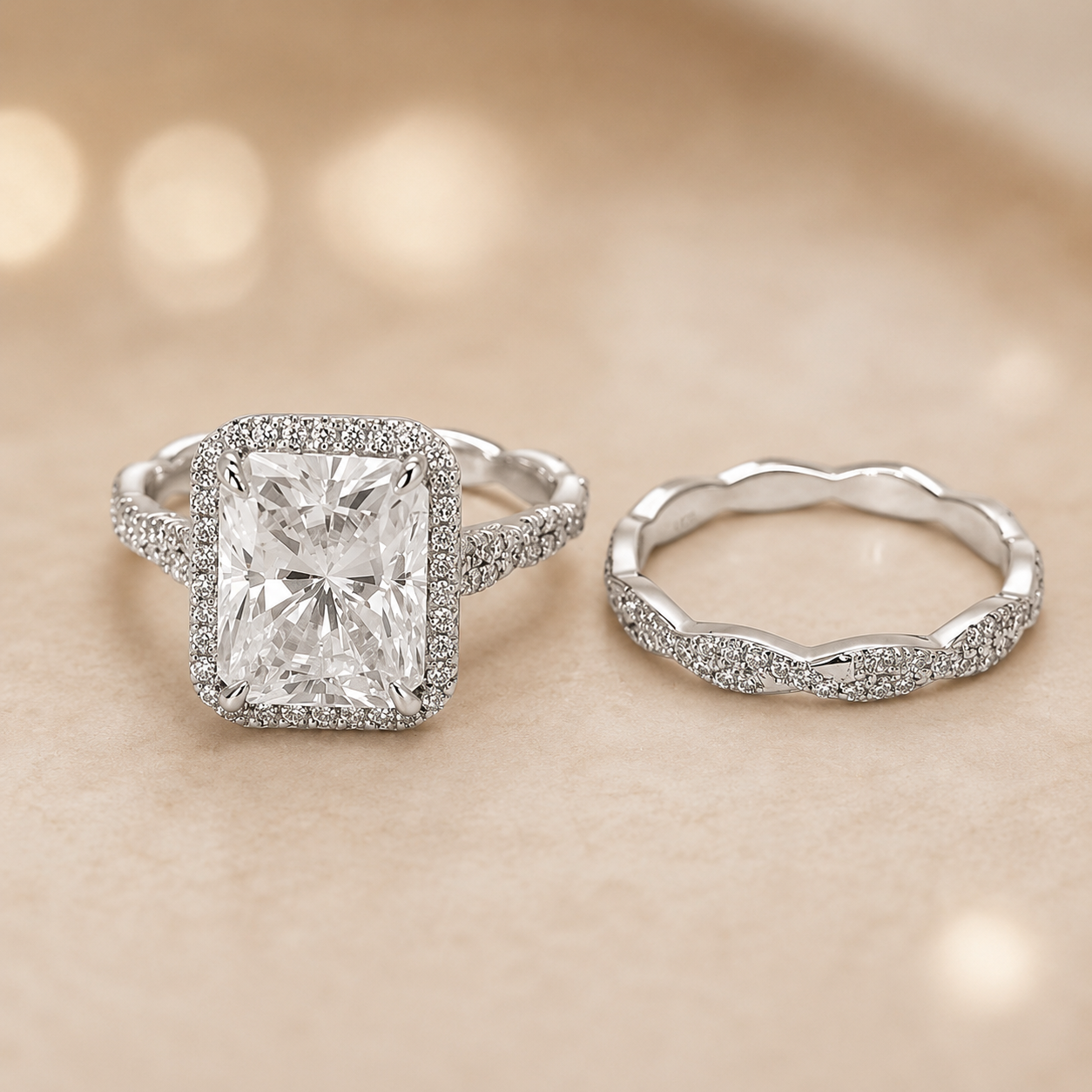 4.00 CT Radiant Cut Lab-Grown Diamond 2PCS Bridal Set in 14K White Gold – Crushed Ice Wedding Ring Design
