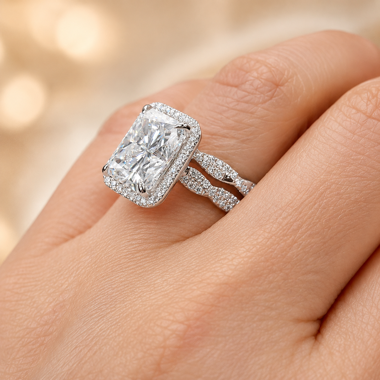 4.00 CT Radiant Cut Lab-Grown Diamond 2PCS Bridal Set in 14K White Gold – Crushed Ice Wedding Ring Design