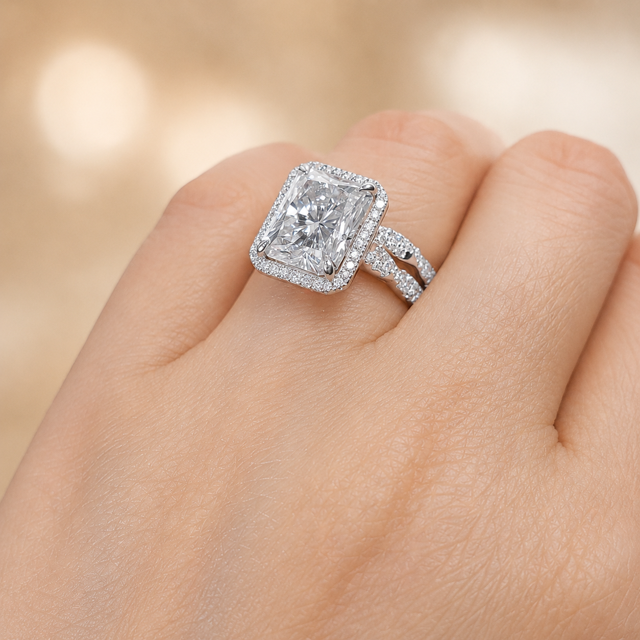 4.00 CT Radiant Cut Lab-Grown Diamond 2PCS Bridal Set in 14K White Gold – Crushed Ice Wedding Ring Design