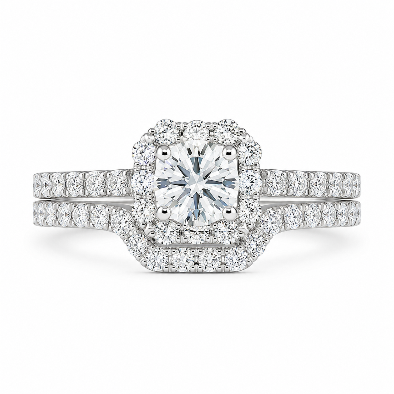 1.25 CT Round Lab-Grown Diamond 2PCS Halo Bridal Set in 14K White Gold – Square Halo Wedding Ring Design