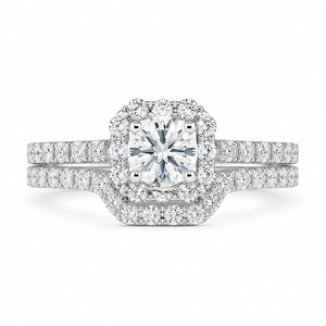 1.25 CT Round Lab-Grown Diamond 2PCS Halo Bridal Set in 14K White Gold – Square Halo Wedding Ring Design