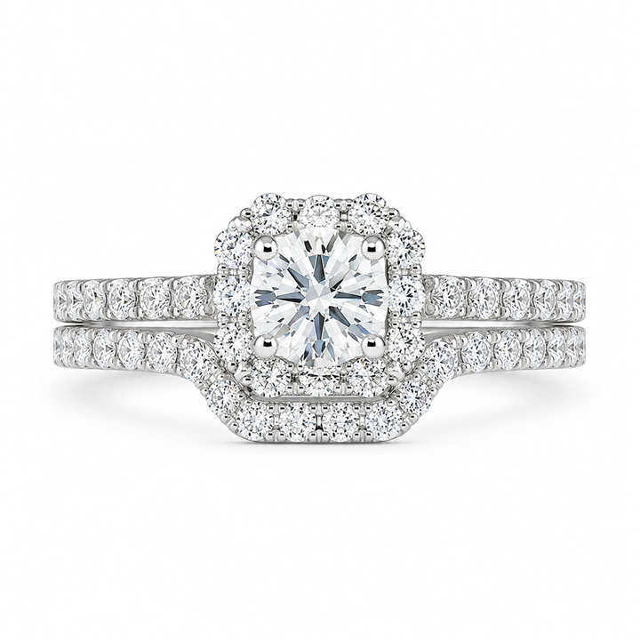 1.25 CT Round Lab-Grown Diamond 2PCS Halo Bridal Set in 14K White Gold â€“ Square Halo Wedding Ring Design from Diamond Studio