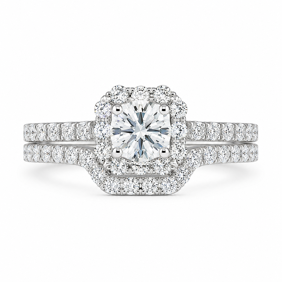 1.25 CT Round Lab-Grown Diamond 2PCS Halo Bridal Set in 14K White Gold – Square Halo Wedding Ring Design