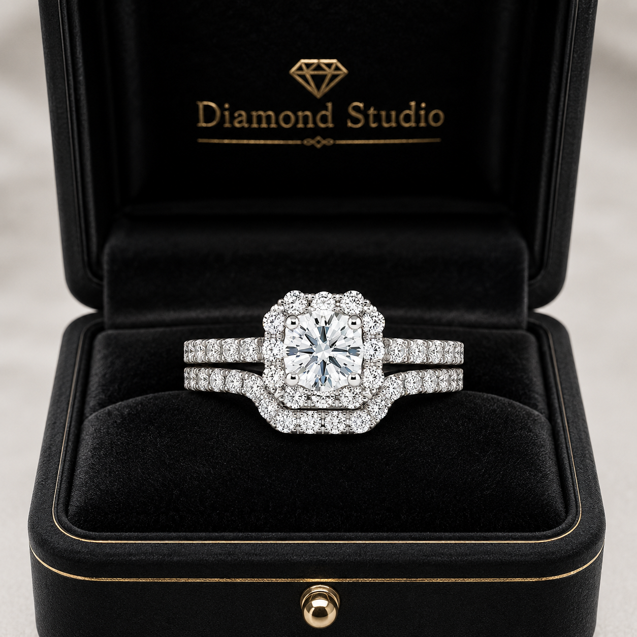 1.25 CT Round Lab-Grown Diamond 2PCS Halo Bridal Set in 14K White Gold – Square Halo Wedding Ring Design